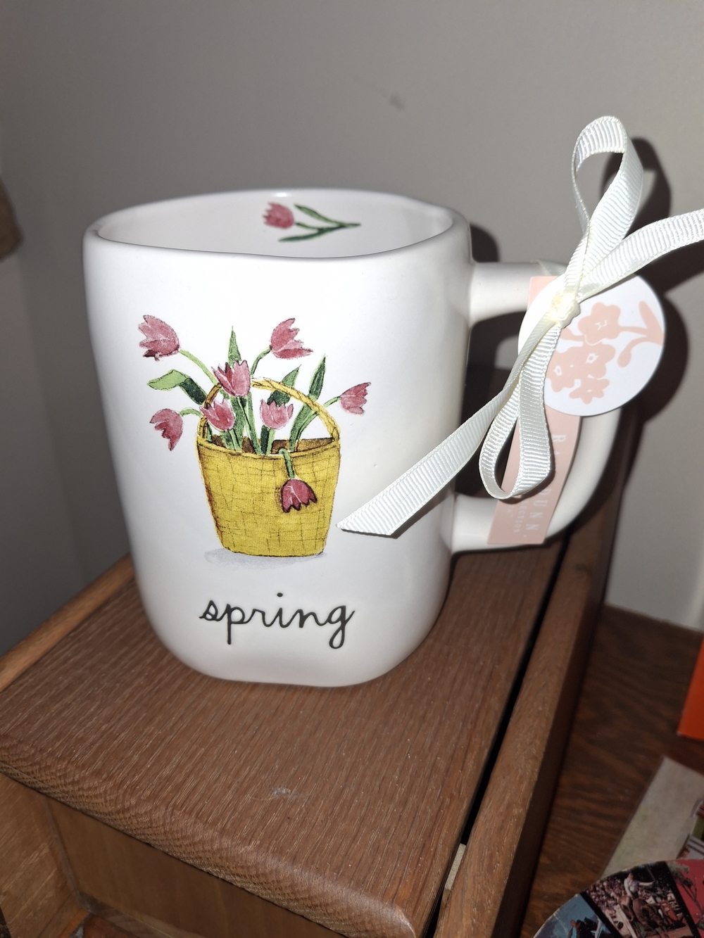 Rae Dunn White Ceramic Mug with Pink Tulip Basket